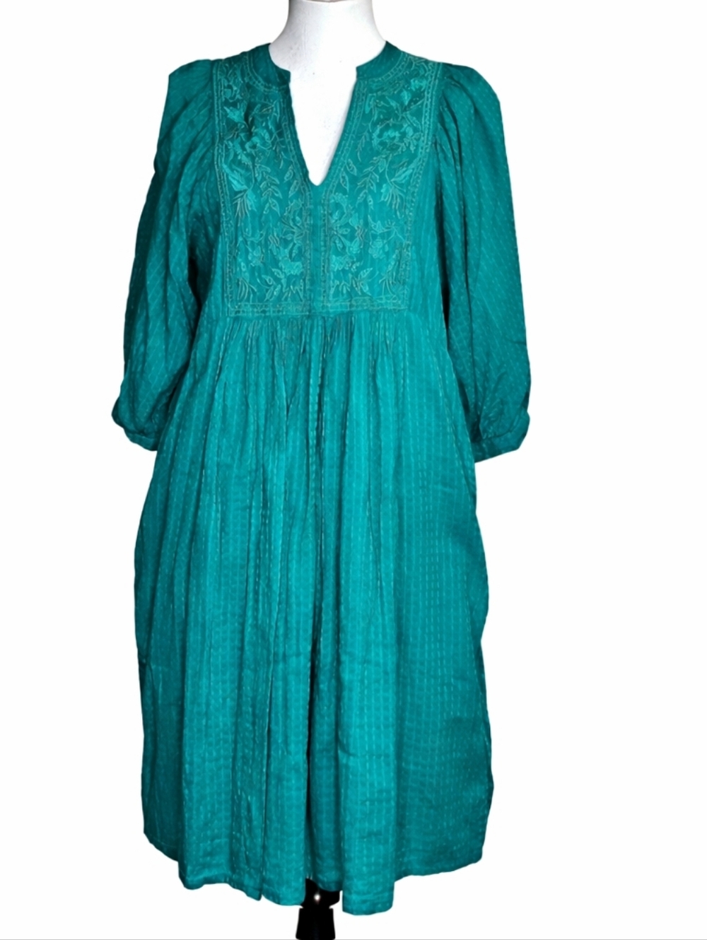 Sundance Easy Sukra Teal Embroidered Bodice Cotton High Low Beachy Peasant Dress